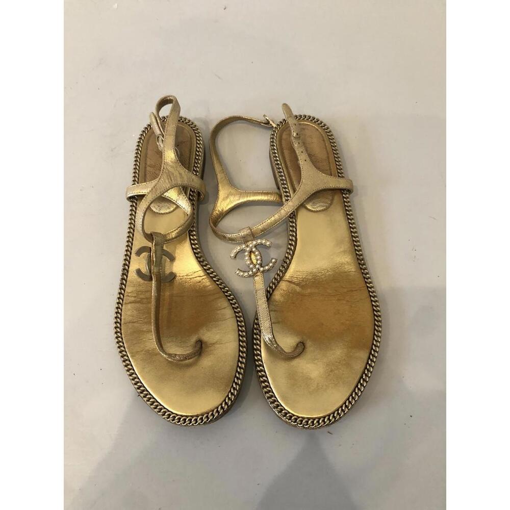 Chanel Metallic Gold Chain Pearl Thong Sandals